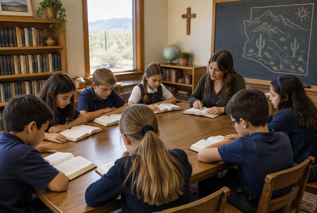 Classical Christian classroom with students reading around a long table and a Sonoran Desert map on the chalkboard