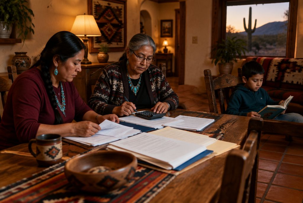 A Native American mother and grandmother sort school papers at a wooden table in an adobe-style Tucson home while a boy reads nearby